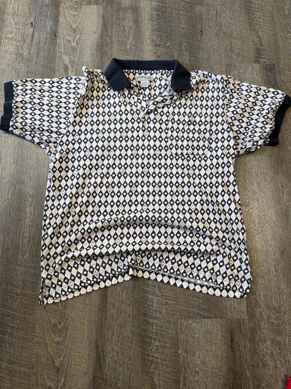 Penguin Sport Black and White Diamond Pattern Short Sleeve Polo Shirt Large